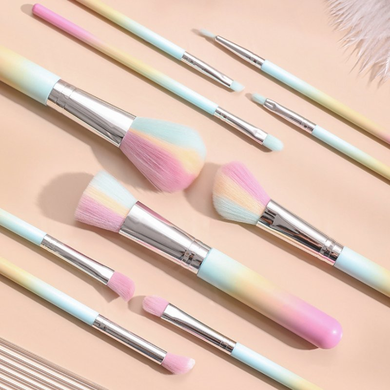 Low MOQ Private Logo Professional 10PCS Colorful Rainbow Pretty Makeup Brush Set Wooden Vegan Cosmetics Brush Set