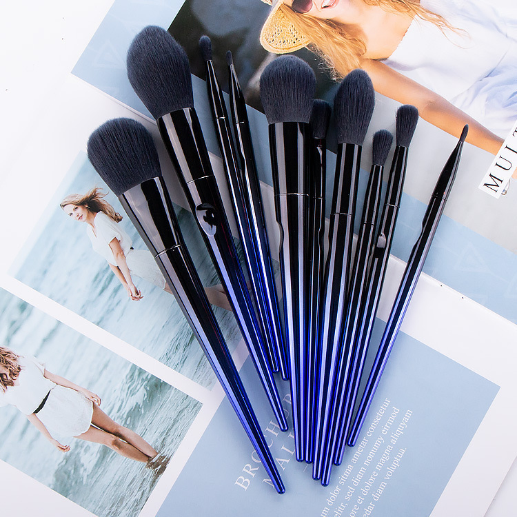 10PCS Blue Makeup Tools Fashion Vegan Synthetic Hairmakeup Brush Nylon Hair Cosmetic Brush Set
