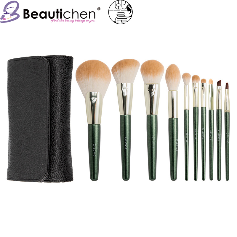 Beautichen 10PCS Avocado Green Wood Handle Makeup Brush Set - Plush Eyeshadow/Loose Powder/Foundation/Blush/Contour Brushes Cosmetic Essentials