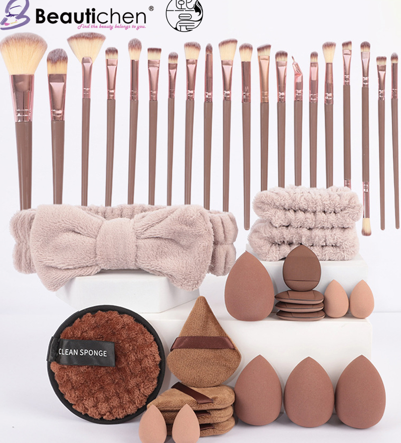 Beautichen 40PCS Coffee Makeup Brushes Set with 20 Sponges - Face Cleansing &amp; Full Makeup Tools