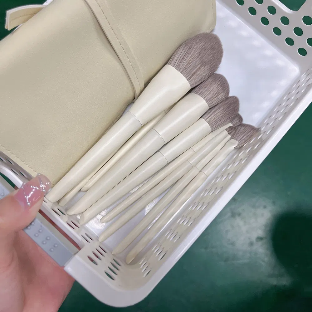 10PCS Wood Handle Beige Soft Synthetic Hair Makeup Brush Set with Bag Private Label