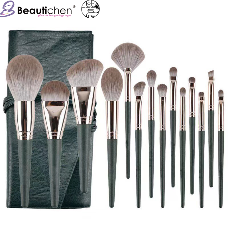 Beautichen 14PCS Green Makeup Brushes Set Soft with Cosmetic Bag - Beginner Loose Powder Foundation Blush Cosmetic Tools OEM