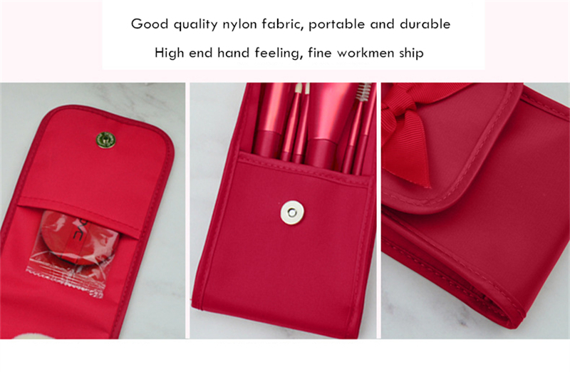 6PCS Natural Wool Hair Red Makeup Brush Set with Bag and Air Cushion Beauty Powder Blend Brush Eye Brush Tool