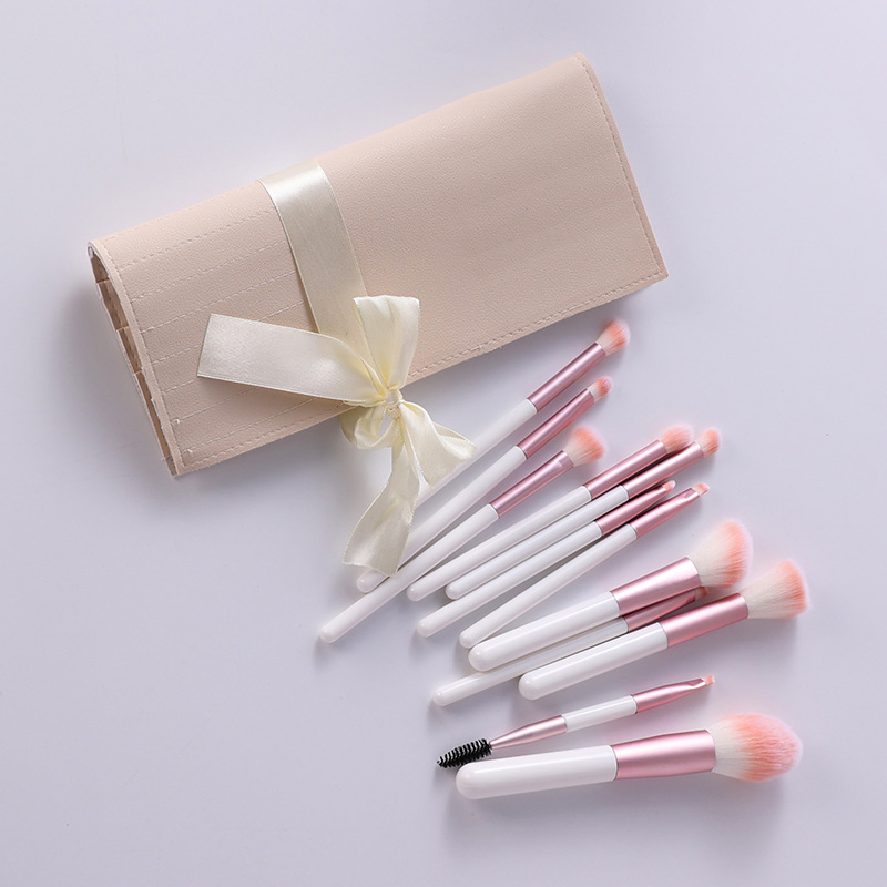 Beautichen 12PCS Pink Plush Makeup Brush Set with Beige Bow Pouch - Beginner-Friendly Stippling Blush &amp; Loose Powder Eyeshadow Brushes Full Kit