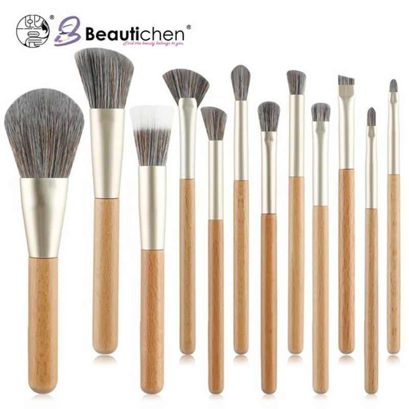 Beautichen 12PCS Wooden Makeup Brushes - Vegan Bristles Eco Foundation Contour Blend Cosmetic Brush Set