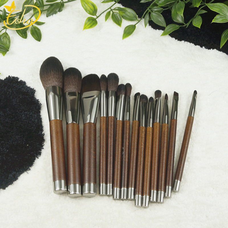 Wooden Handle 14 PCS Cosmetic Brush Kit Holder Magnetic Makeup Brushes Set for Face Eye Shadow