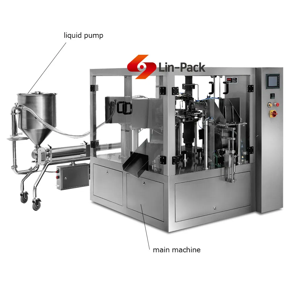 Máquina de envasado automática de bolsa de pie rotativa multifuncional para líquidos, salsa y ketchup
