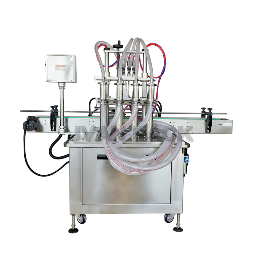 Yt4t 4 Jefes de pistón neumático automático Máquina de Llenado de jugo de leche de la botella de cristal de agua aceite vegetal líquido Máquina de Llenado con cinta transportadora