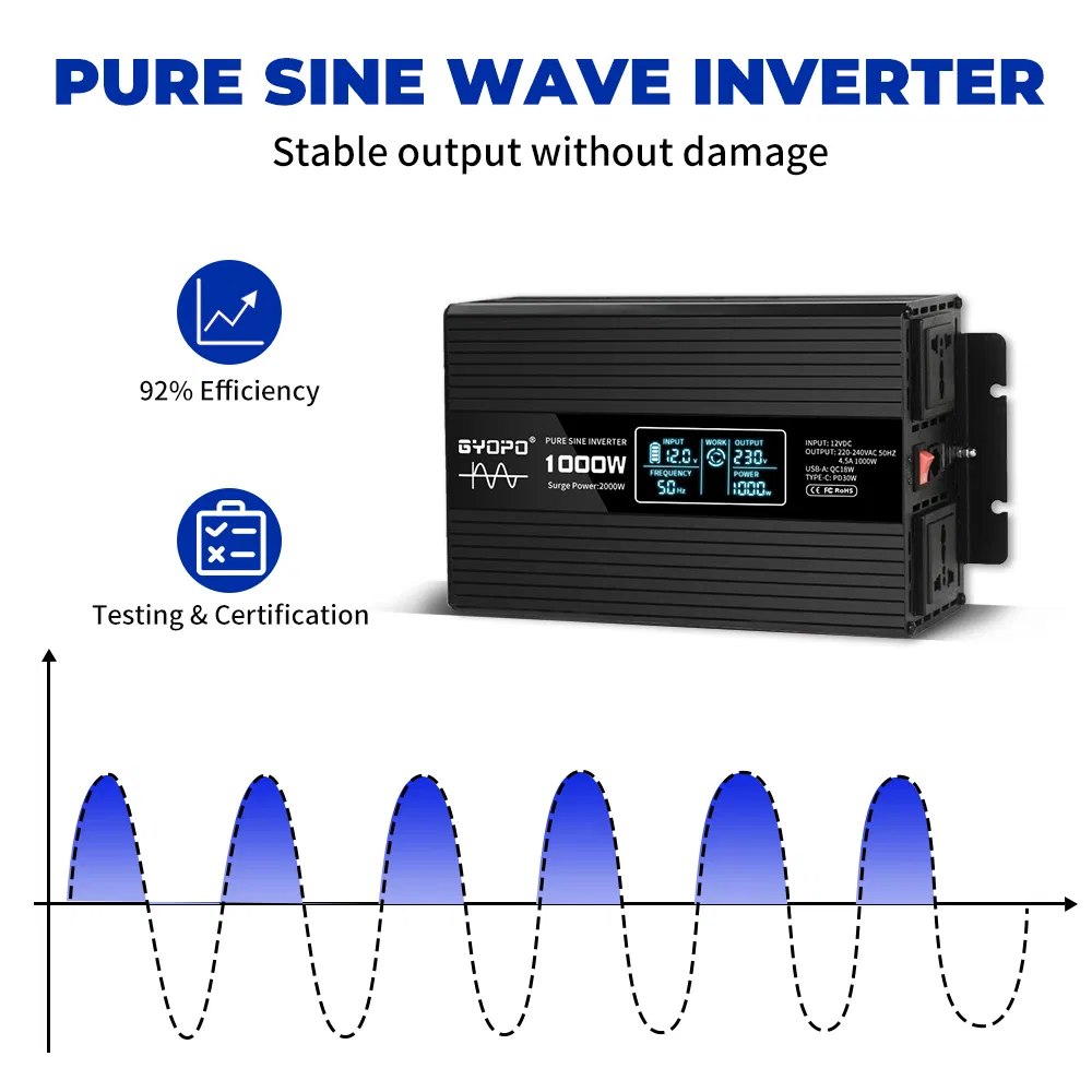 سعر المصنع 12V/24V/48V محولات تيار مستمر إلى تيار متردد 110V/120V/220V/230V/240V محولات السيارات 1000W/1500W/2000W/3000W/4000W/5000W عاكس الطاقة الشمسية ذو الموجة الجيبية النقية