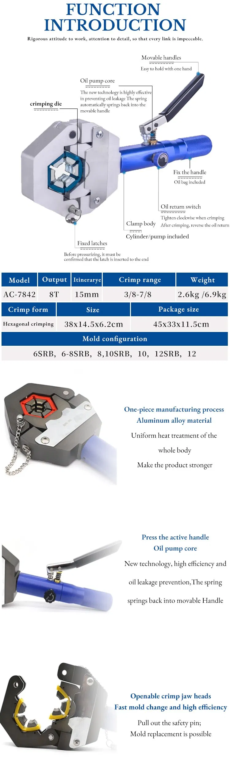 Kit de Crimpagem de Mangueira Hidráulica Tipo Hexagonal Manual Portátil 7842