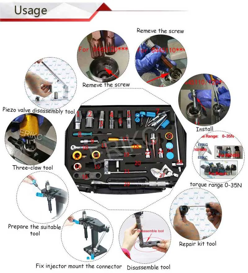 Kit de Ferramentas para Reparo de Injetores de Combustível Diesel com Sistema de Rail Comum 40 PCS