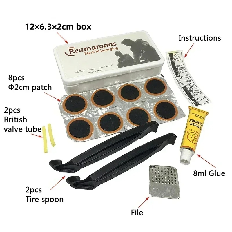 Kit de Reparação de Pneus de Bicicleta com Cola Conjunto Portátil de Reparação de Pneu com Patches, Alavancas, Lima e Cola Ferramenta de Reparação de Câmara de Ar para MTB e Bicicleta de Estrada