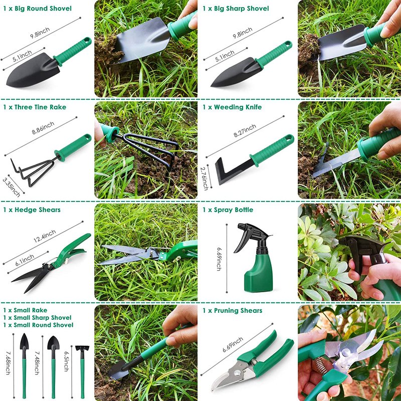 10 Conjunto de Ferramentas de Jardinagem para Mulheres e Crianças com Bolsa Multi Funcional de Alta Resistência, Conjunto de Ferramentas de Mão com Pegada Antiderrapante, Conjunto de Ferramentas para Estufa