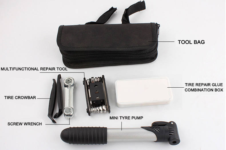 Conjunto de Reparação de Bicicleta, Conjunto de Pneus, Bomba, Conjunto de Chaves de Reparação, Bicicleta de Montanha, Ferramenta Multifuncional Portátil de Reparação de Bicicleta com Mini Bomba