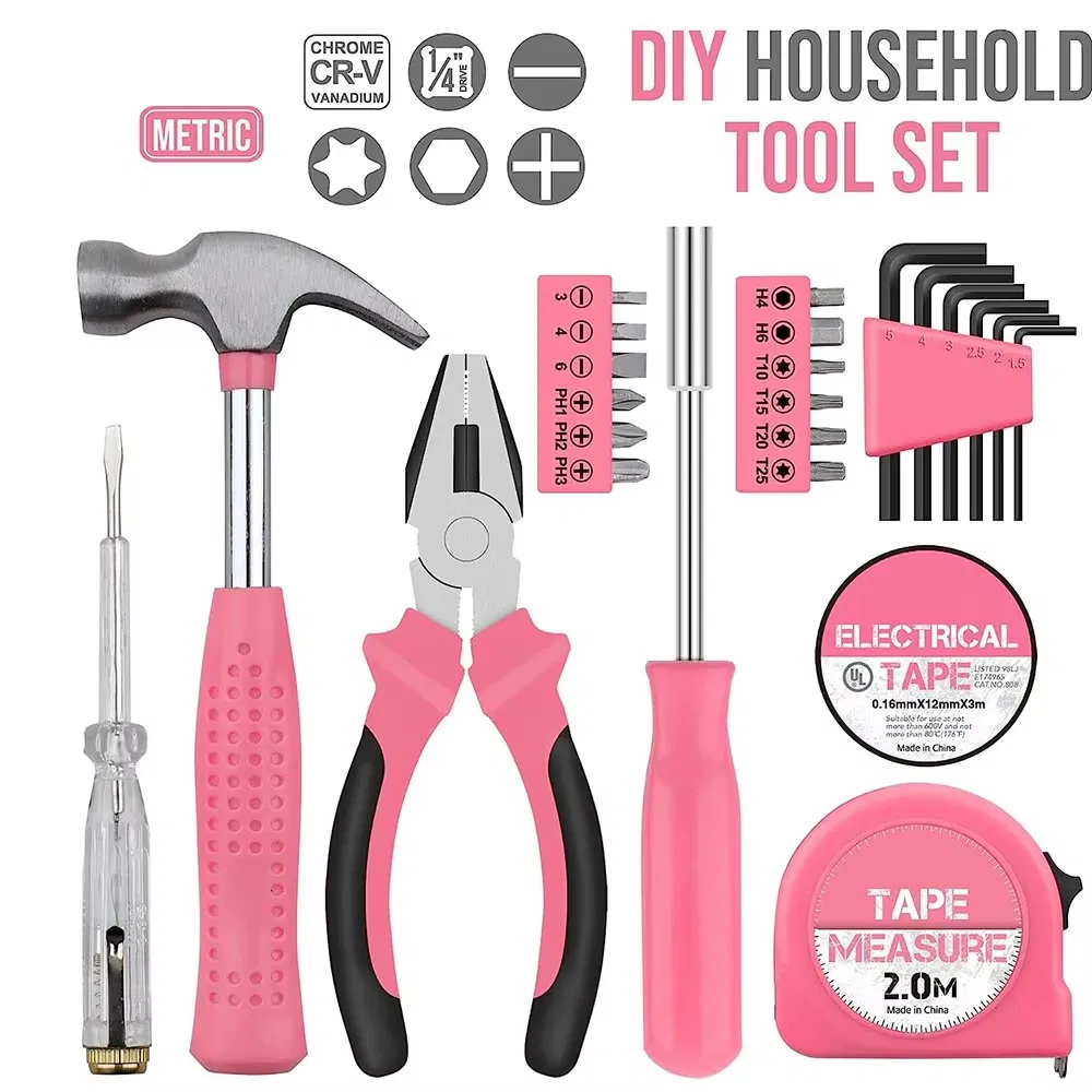 24PCS Conjunto de Ferramentas Manuais para Casa Portátil para Reparos DIY com Martelo, Alicates, Bits de Chave de Fenda e Fita Métrica em Estojo de Armazenamento