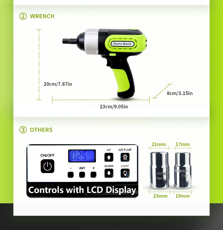3in1 Kit de Reparação de Pneus com Macaco Hidráulico Elétrico Inflável e Caixa de Ferramentas com Chave