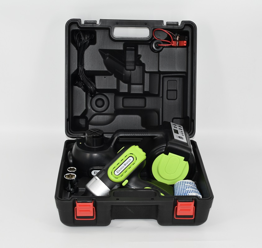3in1 Kit de Reparação de Pneus com Macaco Hidráulico Elétrico Inflável e Caixa de Ferramentas com Chave