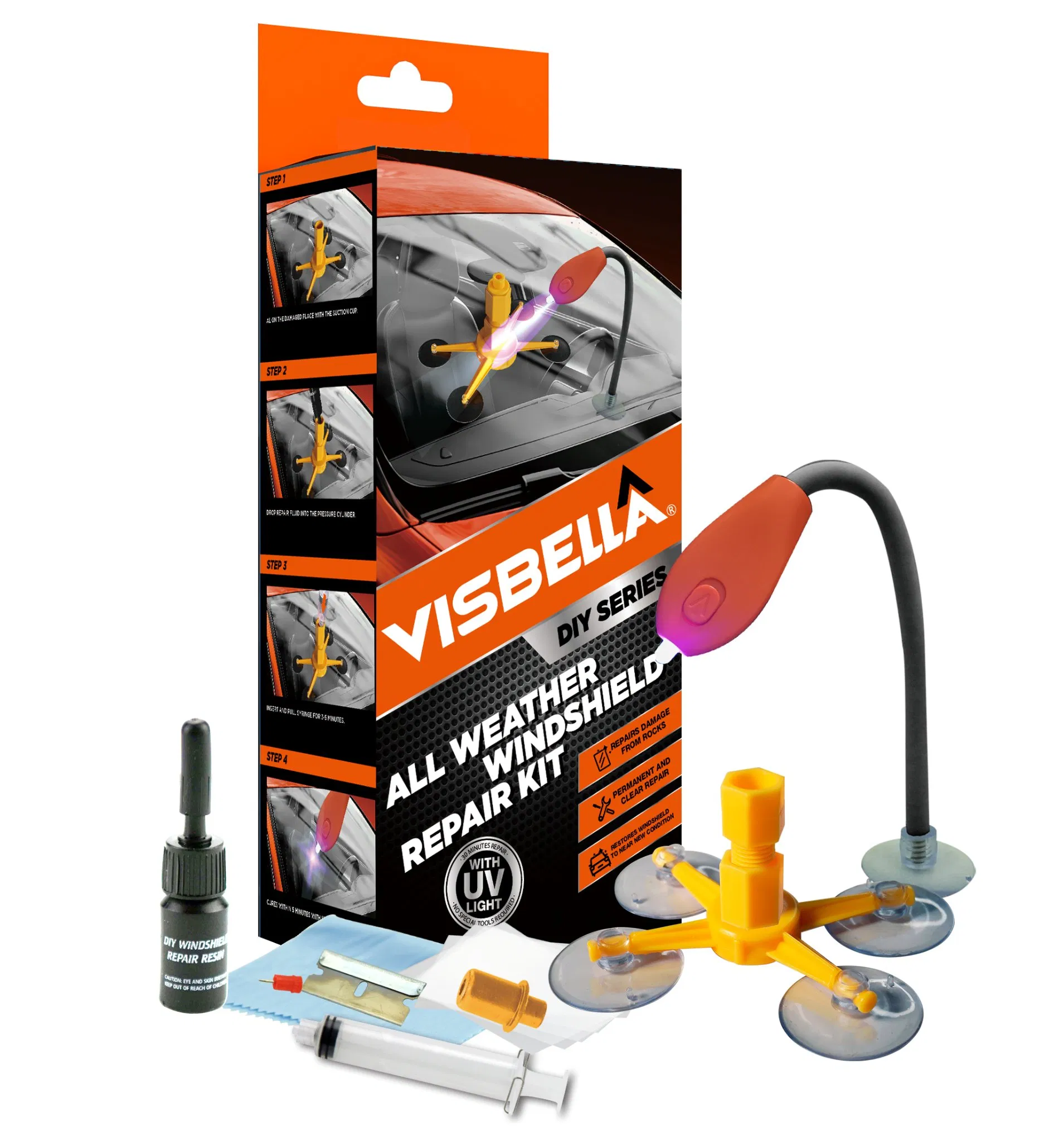Kit de Ferramentas para Reparação de Para-brisa Automotivo Visbella com Luz UV em Caixa Colorida