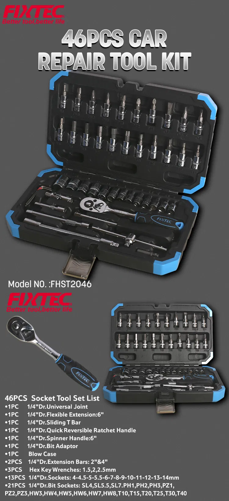 Kit de Reparação Profissional Fixtec 46PCS Conjunto de Ferramentas Mecânicas para Reparação de Carros com Caixa de Plástico