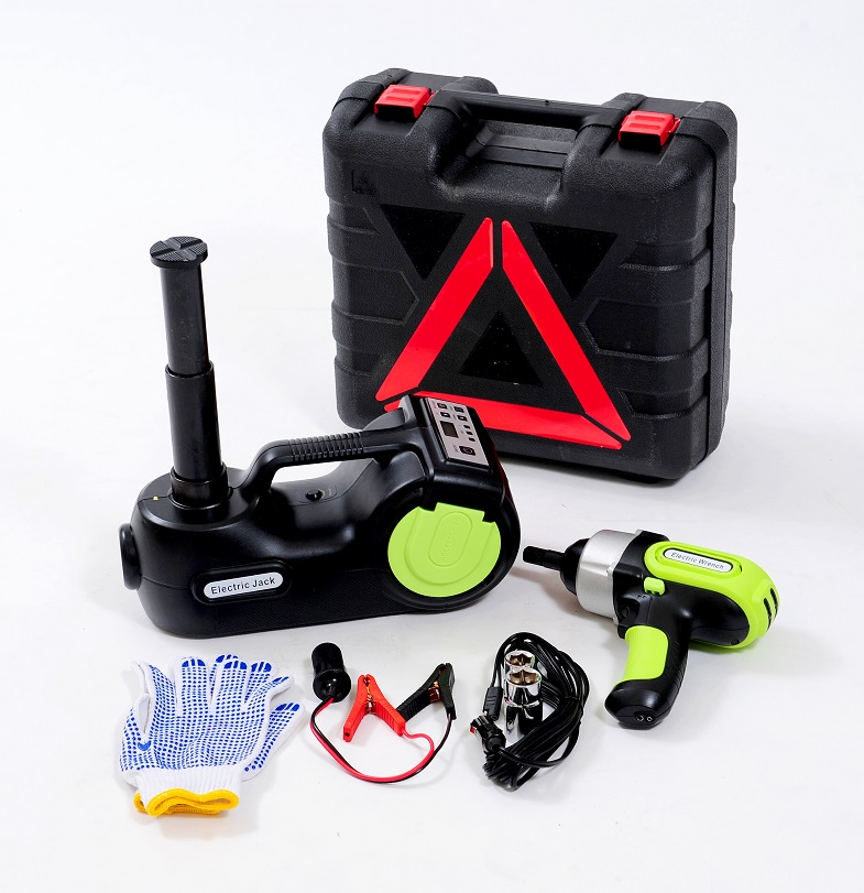 3in1 Kit de Reparação de Pneus com Macaco Hidráulico Elétrico Inflável e Caixa de Ferramentas com Chave