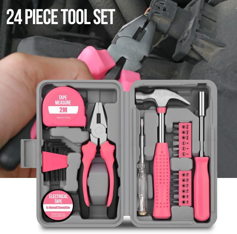 24PCS Kit de Ferramentas de Reparação em Casa Rosa com Estojo Duro Ferramentas Domésticas Portáteis