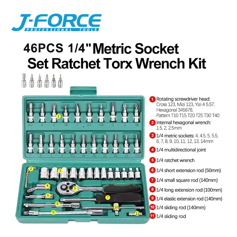 Conjunto de Soquetes de Impacto 46PCS 1/4 Conjunto de Soquetes Métricos Chave de Ratchet Conjunto de Chaves Torx