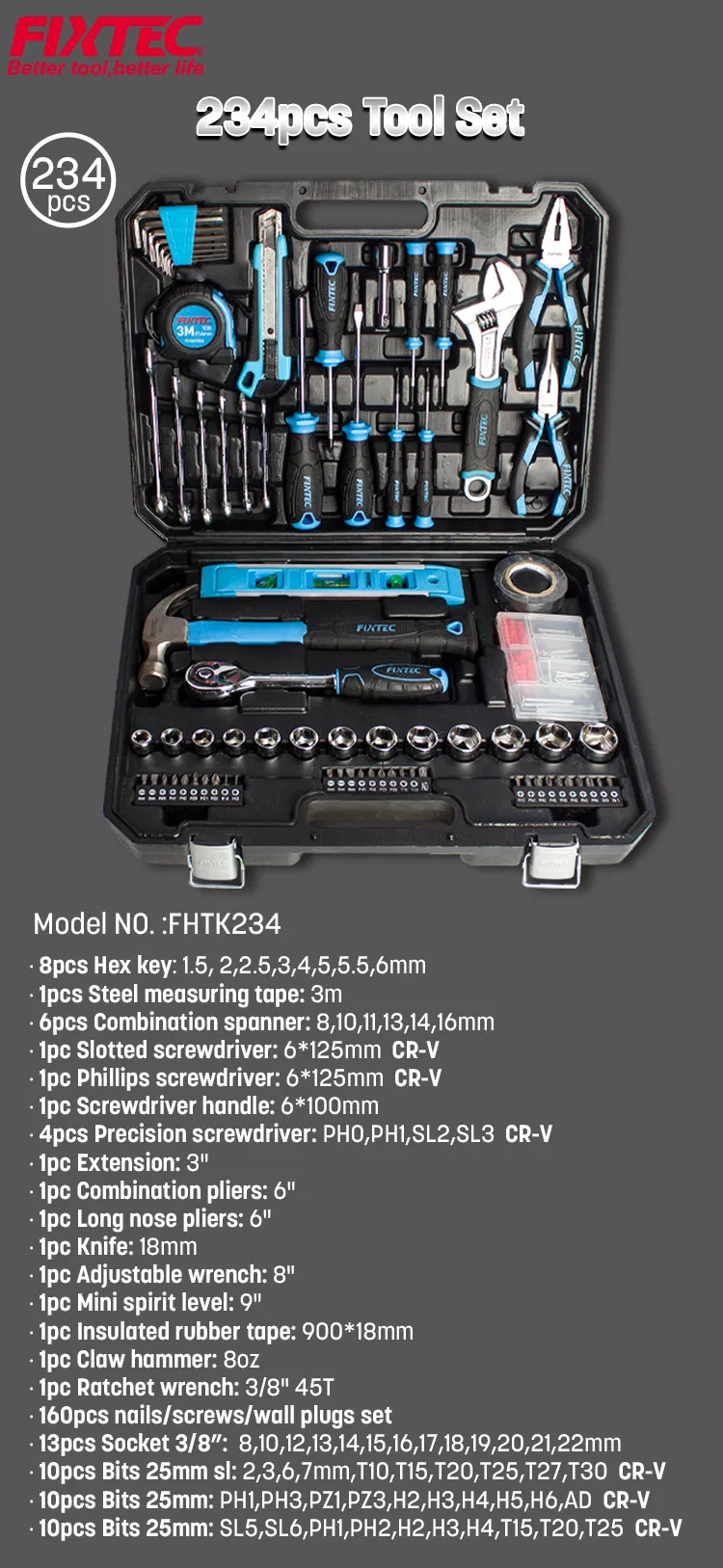 Conjunto de Chaves de Soquete Fixtec 234PCS