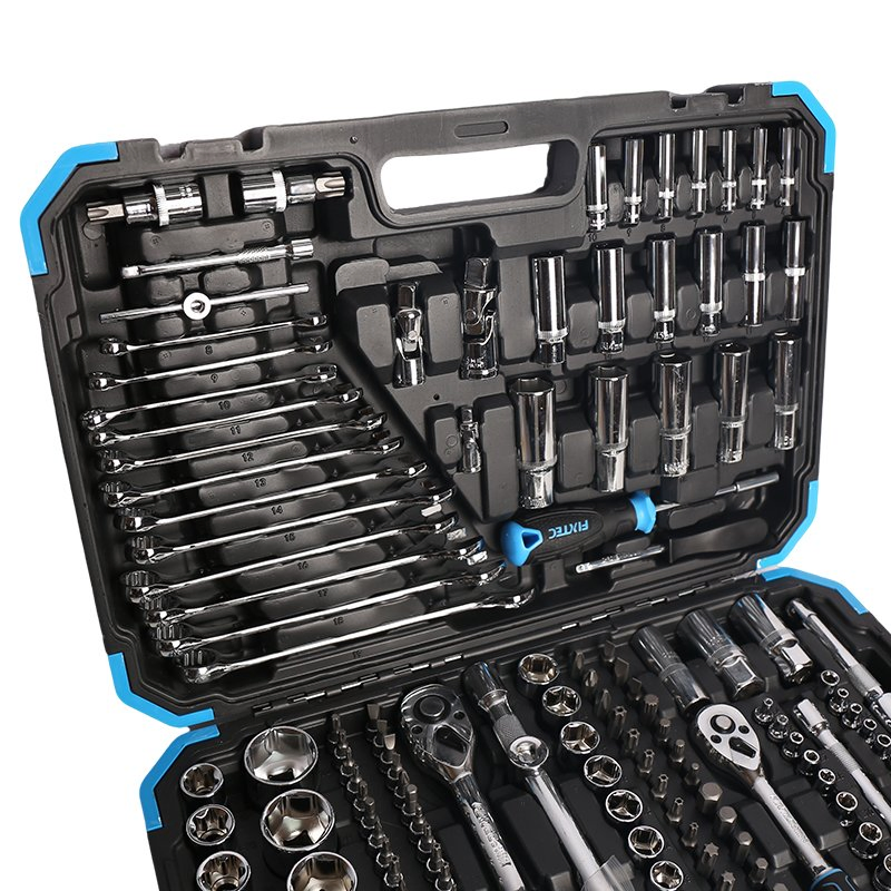Kit de Ferramentas para Reparação de Carros Fixtec 216PCS Conjunto de Chaves e Soquetes 1/2" 1/4" 3/8" Caixa de Ferramentas para Reparação Automotiva