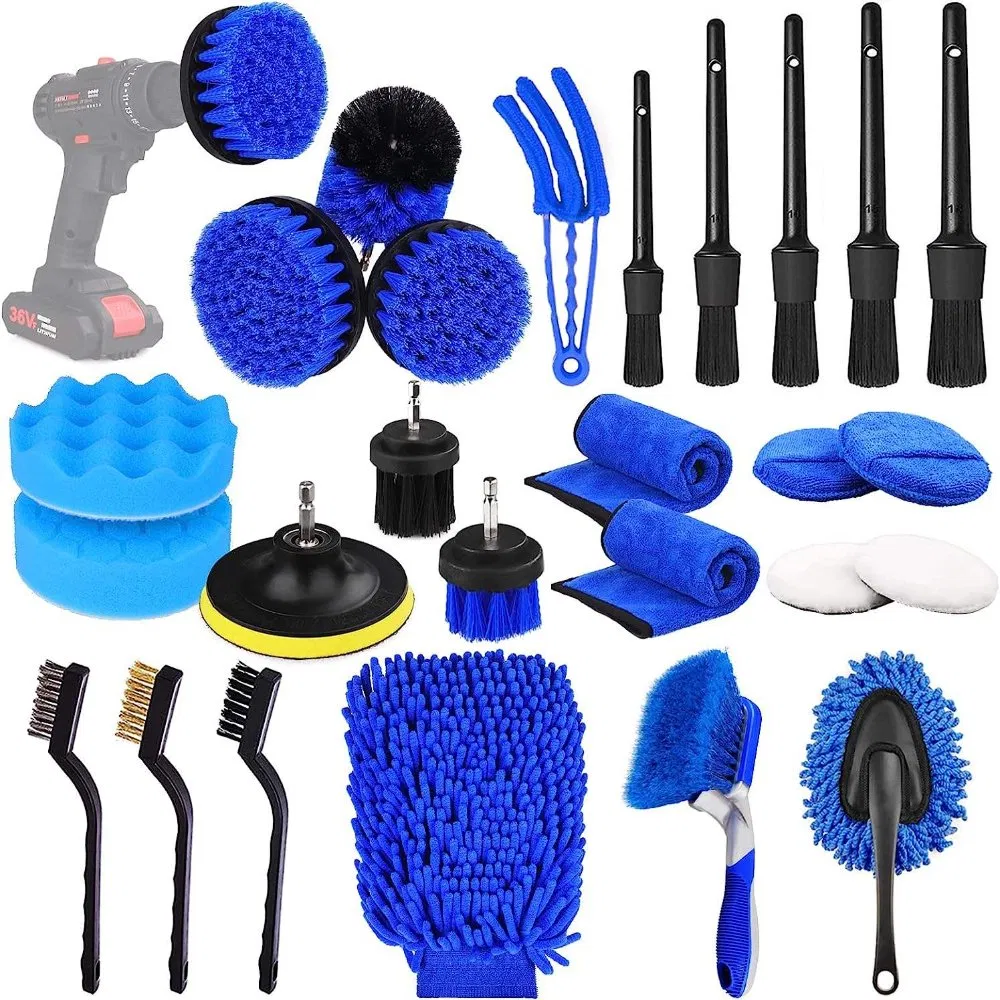 26PCS Kit de Limpeza de Carro Ecológico Conjunto de Escovas de Limpeza Profissional para Carro Luvas de Lavagem de Microfibra Escovas de Limpeza de Pneus e Rodas