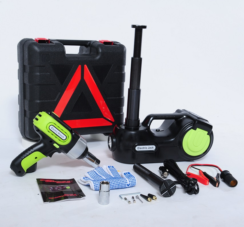 3in1 Kit de Reparação de Pneus com Macaco Hidráulico Elétrico Inflável e Caixa de Ferramentas com Chave