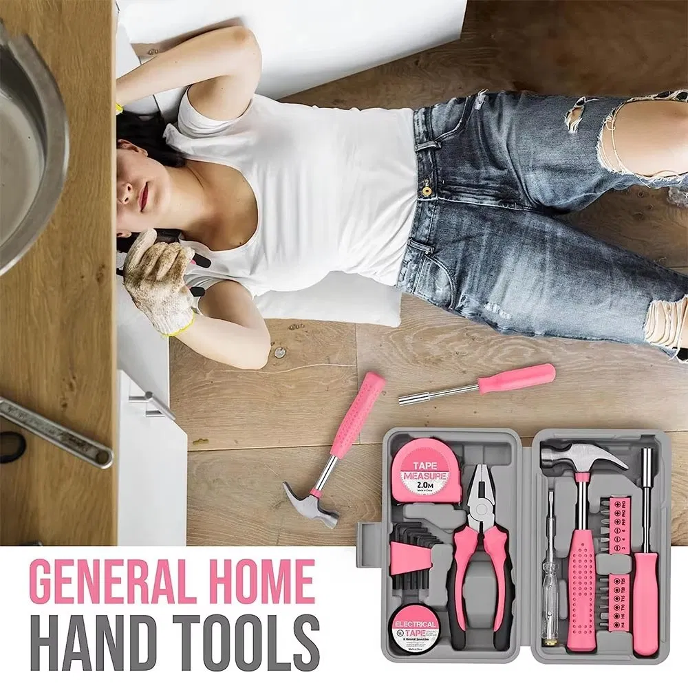 24PCS Conjunto de Ferramentas Manuais para Casa Portátil para Reparos DIY com Martelo, Alicates, Bits de Chave de Fenda e Fita Métrica em Estojo de Armazenamento