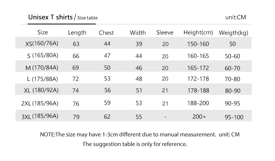 Blank Cotton T-shirt Size Chart