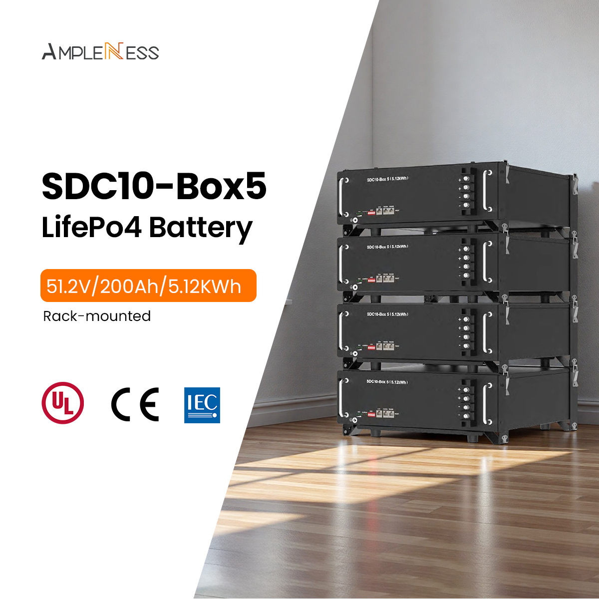 Ampleness 51.2V 5.12kWh 100Ah Low Voltage Solar Energy Storage LiFePO4 Lithium Battery