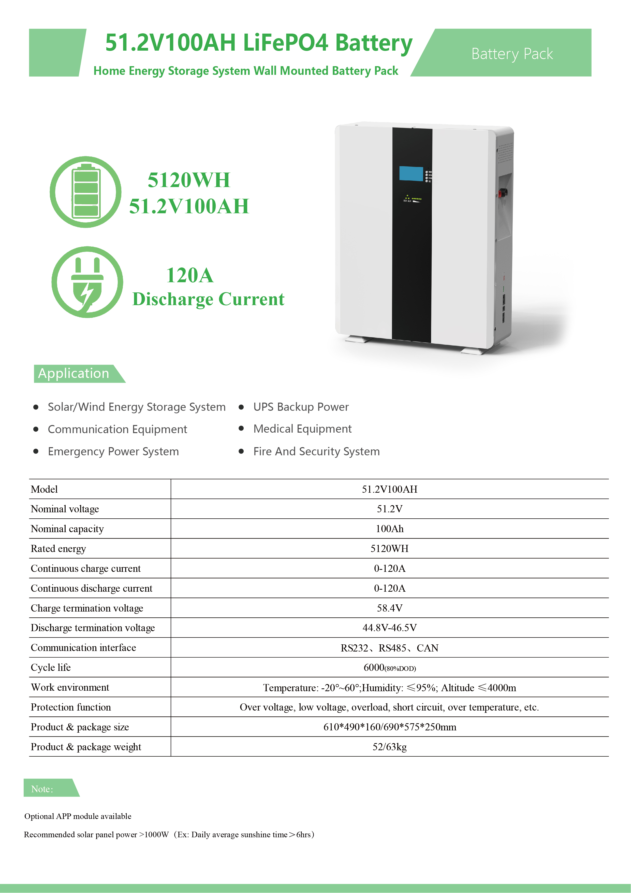 Home Energy Storage System Low Voltage 51.2V100AH Wall-Mounted LiFePO4 Battery Pack 6000 Cycles for Residential Solar Storage