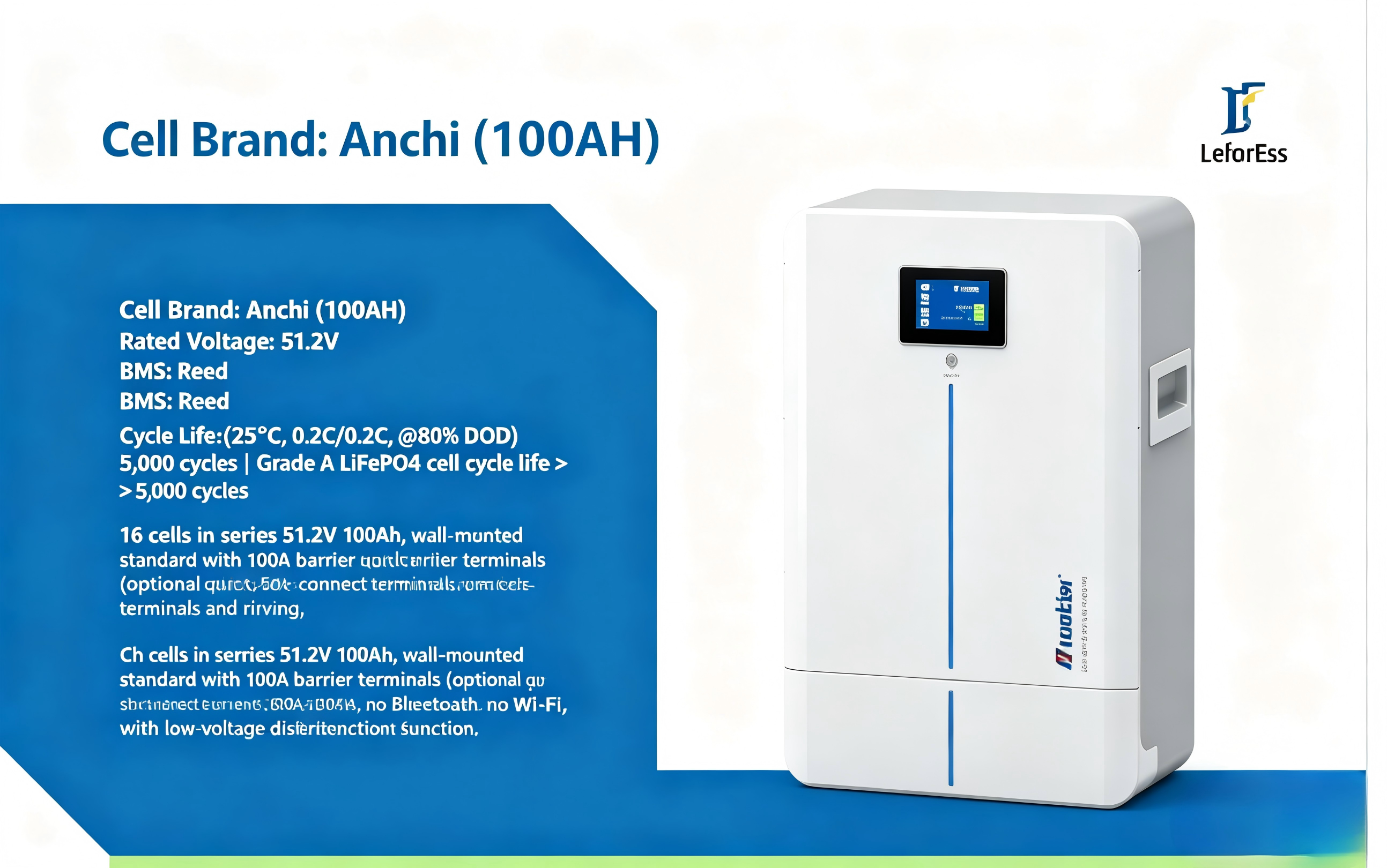 Lefor 5.12KWH Low Voltage Wall-mounted Battery LF-HZF-51.2-100-SB Grade a LiFePO4 with CE MSDS ROHS UN38.3 Certified