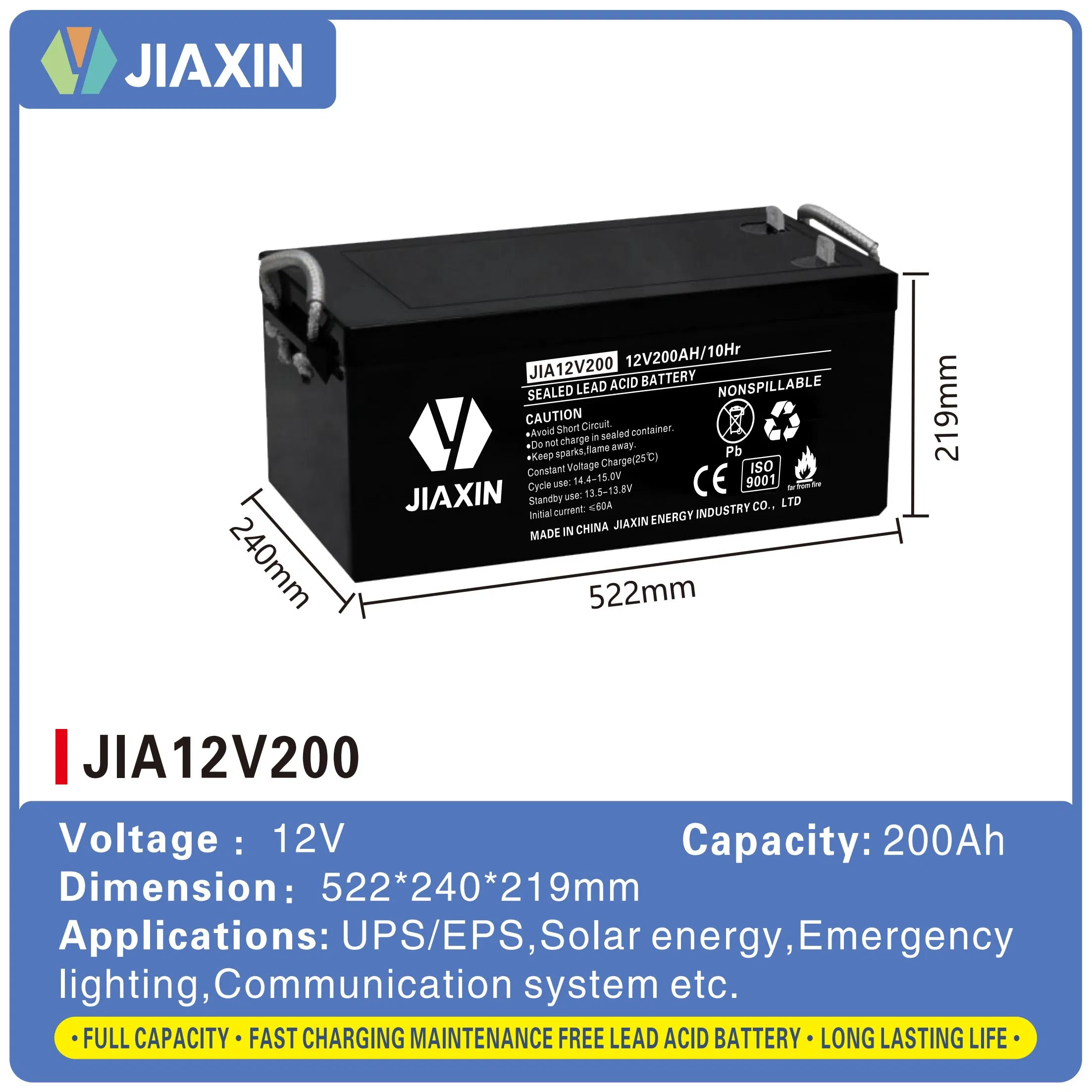 Long Usage 12V 200ah Rechargeable Lead Acid Battery for UPS, Power Backup Supply, Electric Tools, Power Stations, Solar System