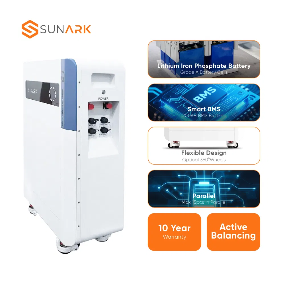 Sunark IP65 Waterproof Fireproof Residential LiFePO4 Energy Storage Battery Lithium 10kwh 15kwh 200ah for Solar System