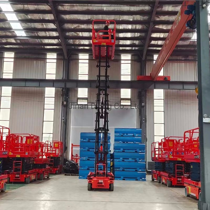 Dymg Factory Supply Mini Small Manual Battery Power Electric Push Around Scissor Lift Type Pulling Aerial Work Platform for Home Used