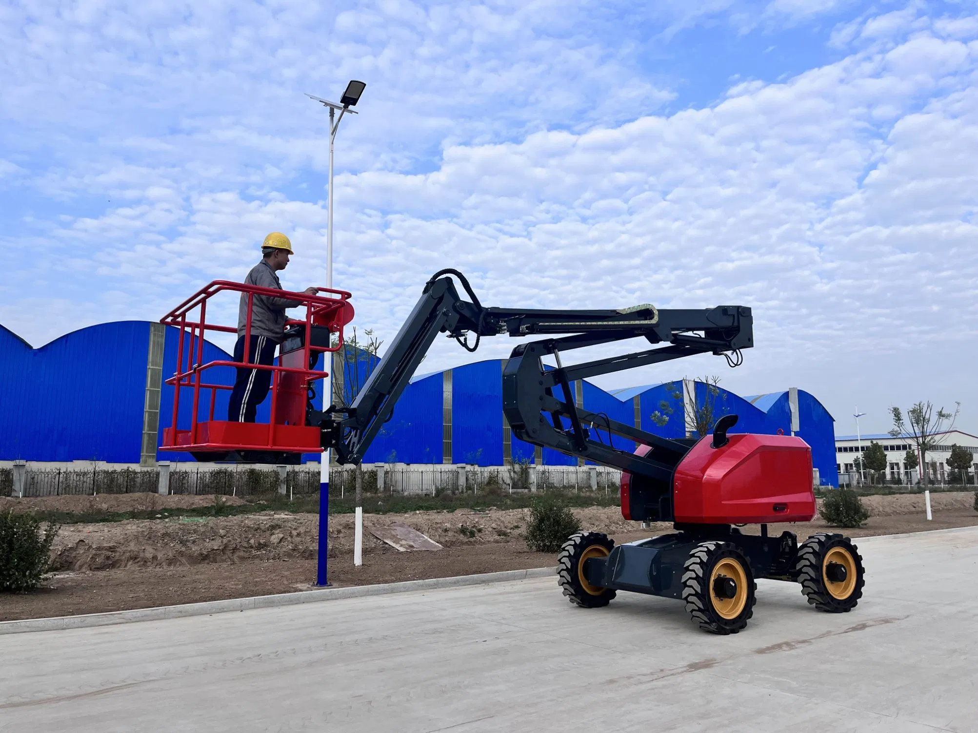 Efficient Articulated Arm Aerial Work Platform for Indoor and Outdoor Use