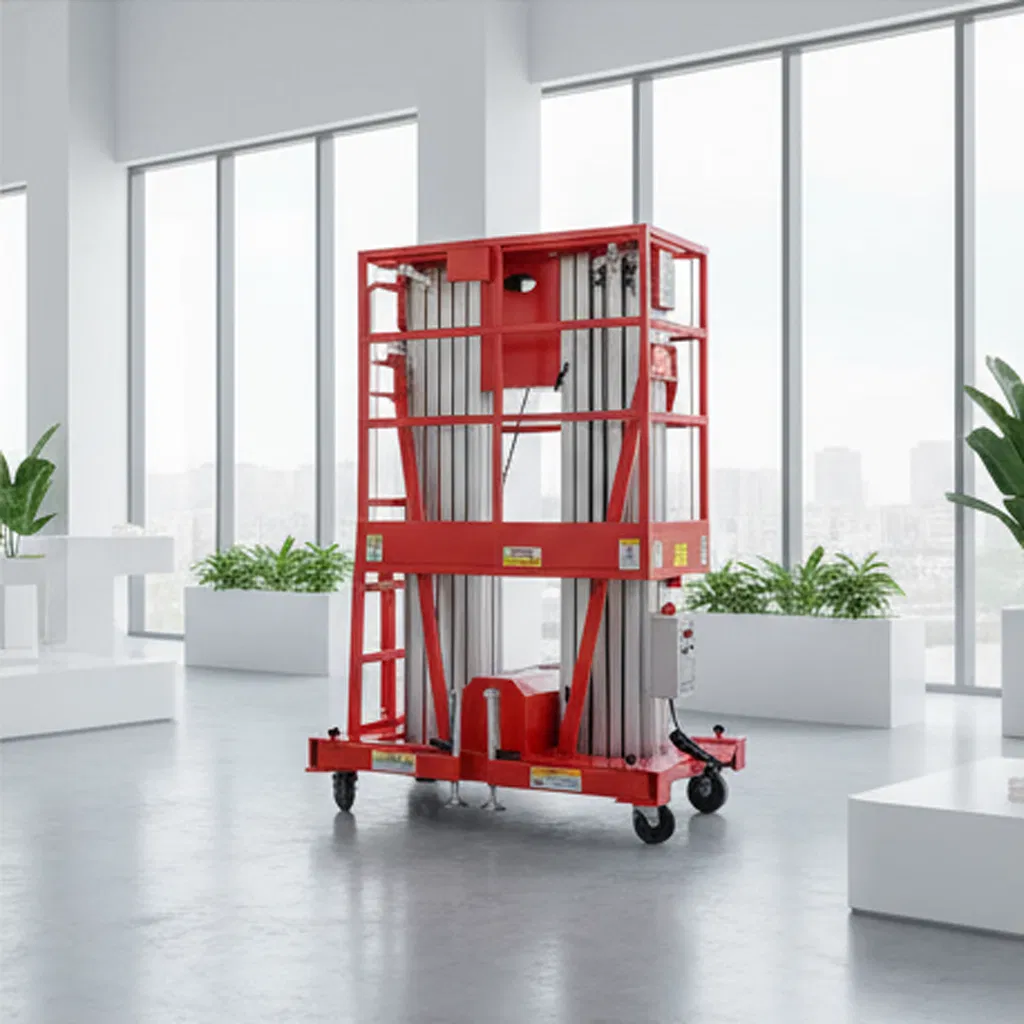 Double Mast 12m Yellow Platform Height Manual Pushing Vertical Lift