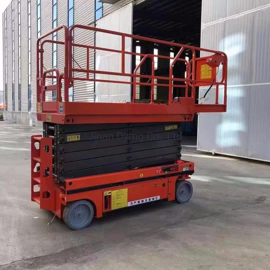 Dymg Factory Supply Mini Small Manual Battery Power Electric Push Around Scissor Lift Type Pulling Aerial Work Platform for Home Used