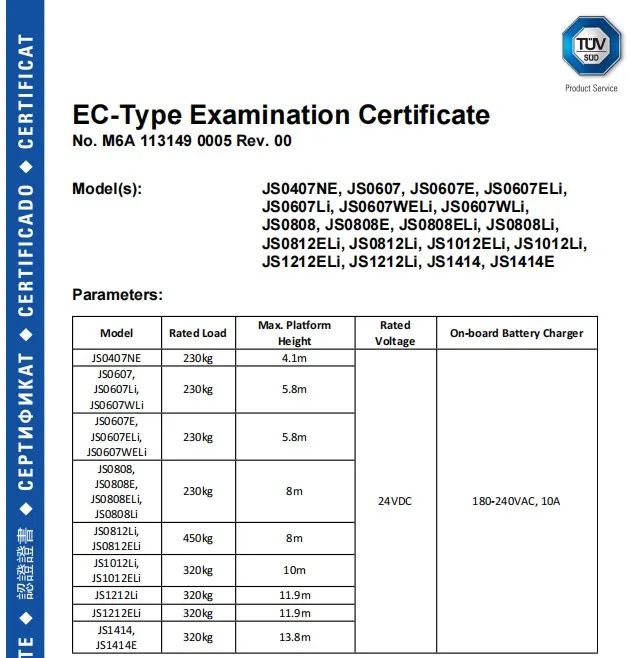CE Certificate Standard Scissor Lift