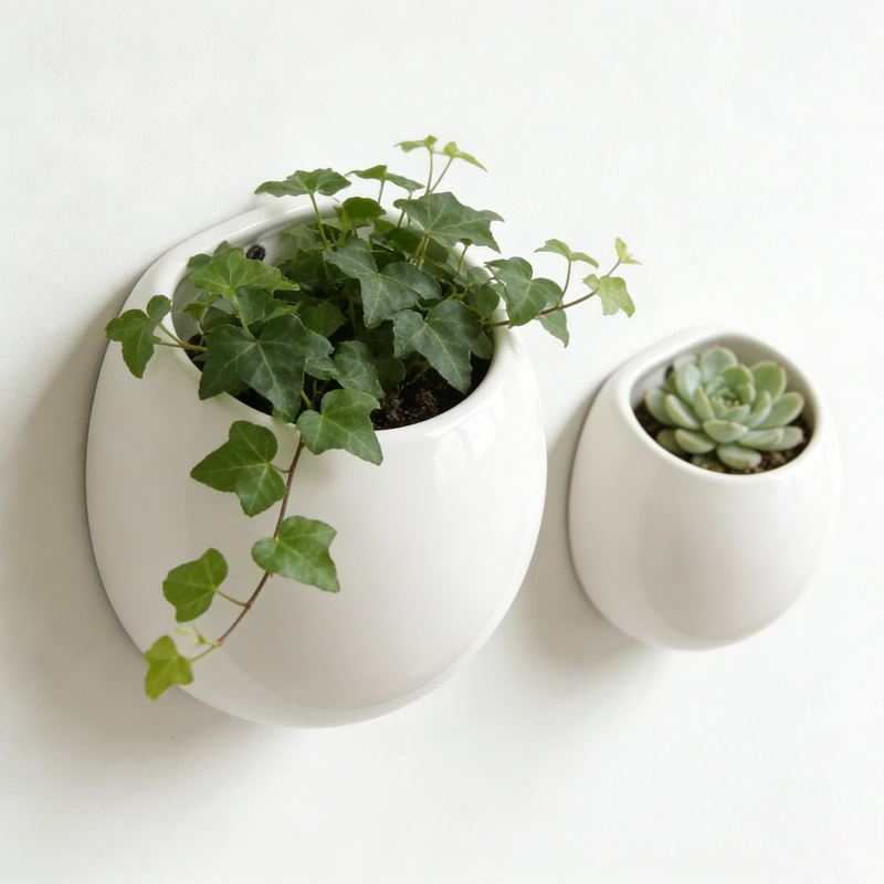 Wall Mounted Ceramic Planter White Hanging Flower Pots for Indoor &amp; Outdoor Decor