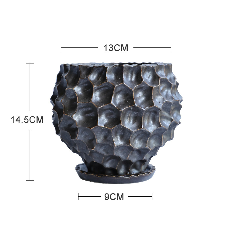 Modern Ceramic Planter: Black and Gold Durian Design for Home