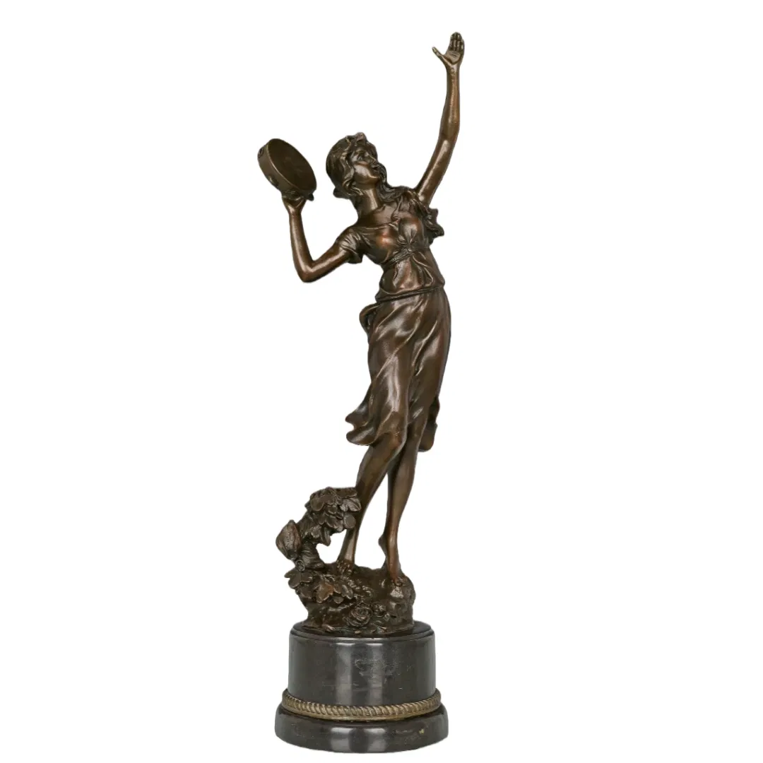 European Neoclassical Dancing Lady Bronze Statue with Tambourine-Solid Copper Figurine for Luxury Home, Office, Hotel, Gallery