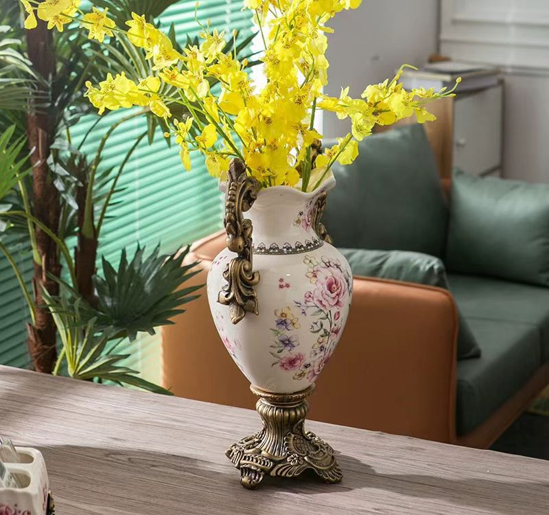 Hand Painted Crackle Glazed Ceramic Vase with Ornate Bronze Handles