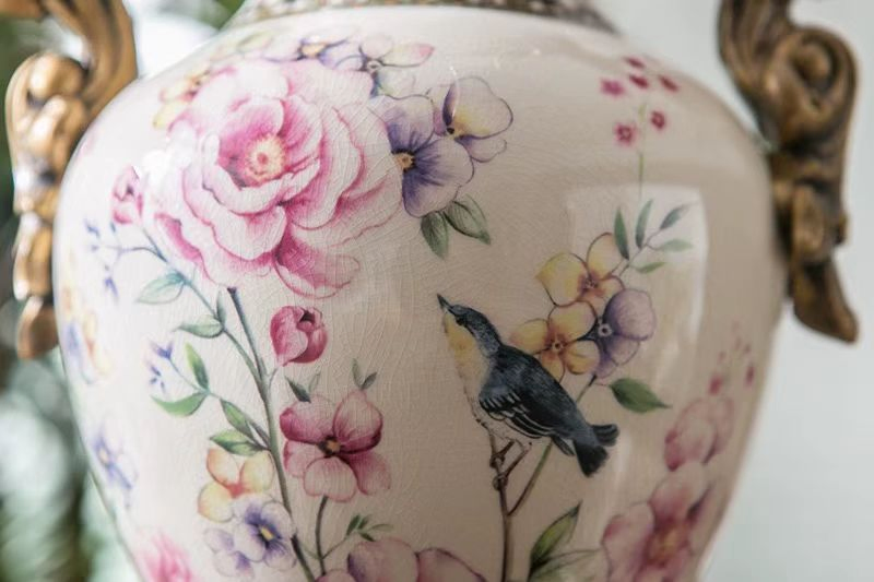 Hand Painted Crackle Glazed Ceramic Vase with Ornate Bronze Handles