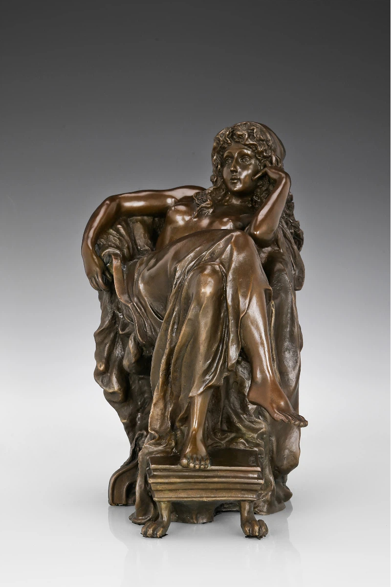 Contemplative Young Woman Bronze Statue-Seated Solid Copper Neoclassical Sculpture Figurine