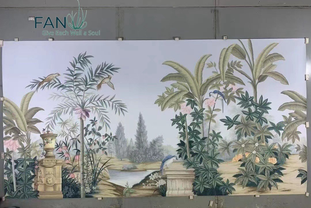 Zhenling Hand-Painted Red-Crowned Crane and Indian Architecture Design Wallpaper for Indoor Wall Decoration