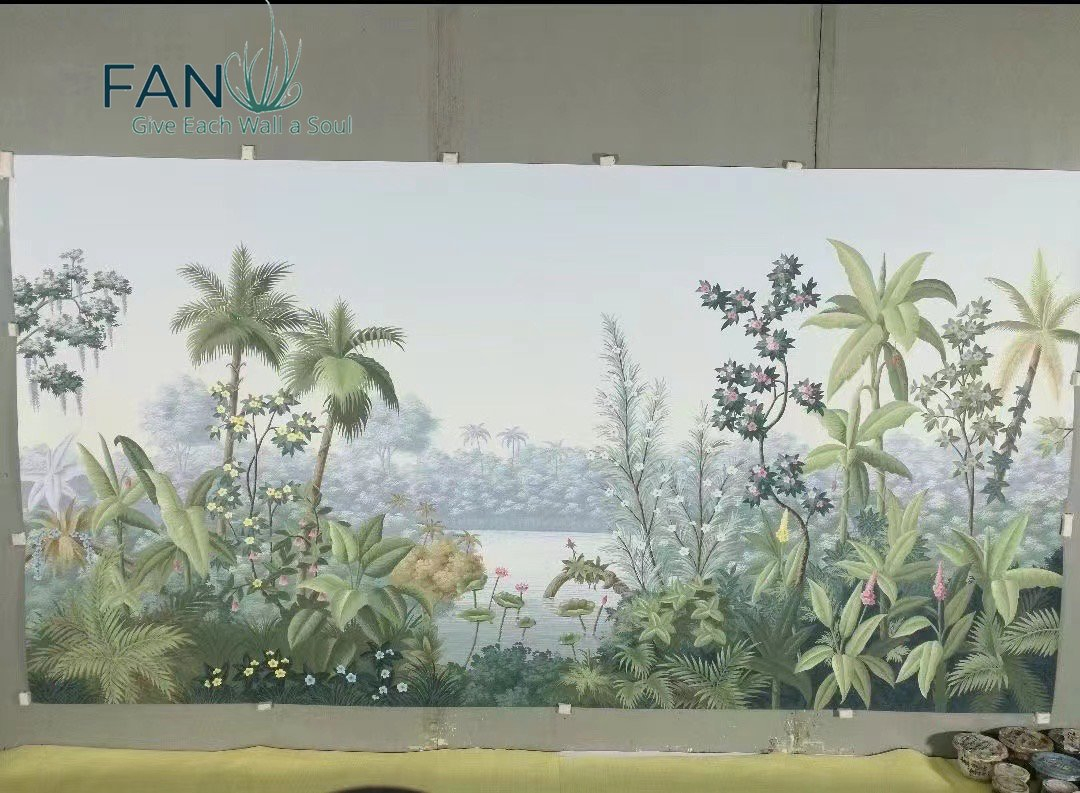 Zhenling Hand-Painted Red-Crowned Crane and Indian Architecture Design Wallpaper for Indoor Wall Decoration